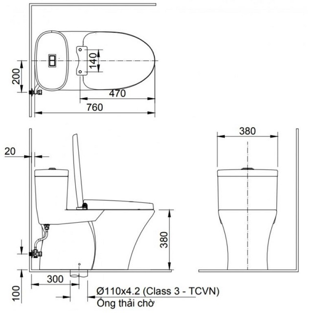 Kích thước bồn cầu 1 khối 778x400x655 mm