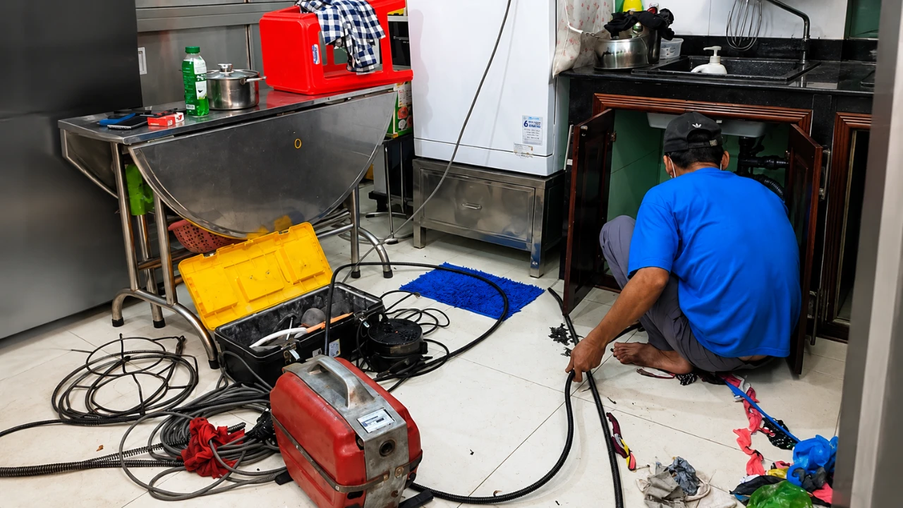 Thợ chuyên nghiệp đang sử dụng thiết bị chuyên dụng để thông cống nghẹt triệt để Thợ chuyên nghiệp đang sử dụng thiết bị chuyên dụng để thông cống nghẹt triệt để