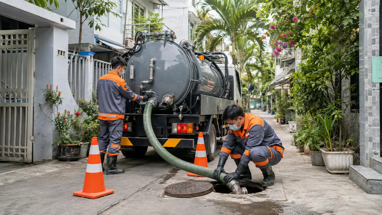 Kỹ thuật viên kết nối ống hút với xe chuyên dụng và kiểm soát khu vực thi công. Kỹ thuật viên kết nối ống hút với xe chuyên dụng và kiểm soát khu vực thi công.