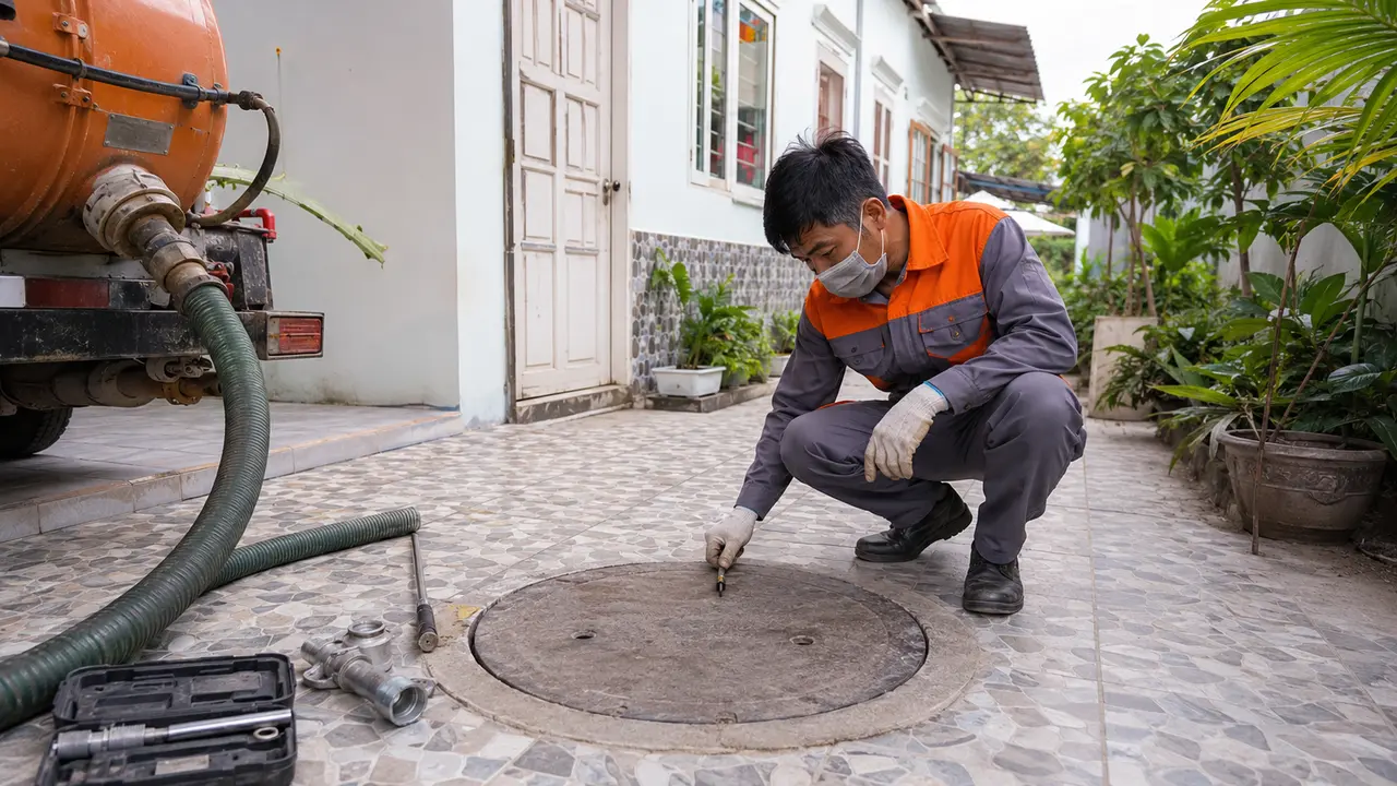 Khảo sát vị trí hầm và điều kiện tiếp cận trước khi chọn phương án hút bùn thải. Khảo sát vị trí hầm và điều kiện tiếp cận trước khi chọn phương án hút bùn thải.