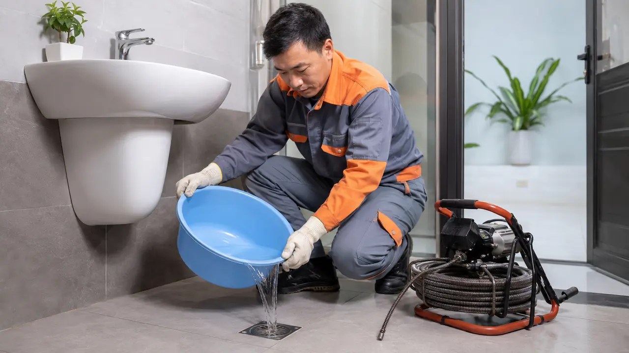 Kỹ thuật viên sử dụng máy lò xo để tiếp cận điểm nghẹt trong đường ống thoát sàn. Kỹ thuật viên sử dụng máy lò xo để tiếp cận điểm nghẹt trong đường ống thoát sàn.