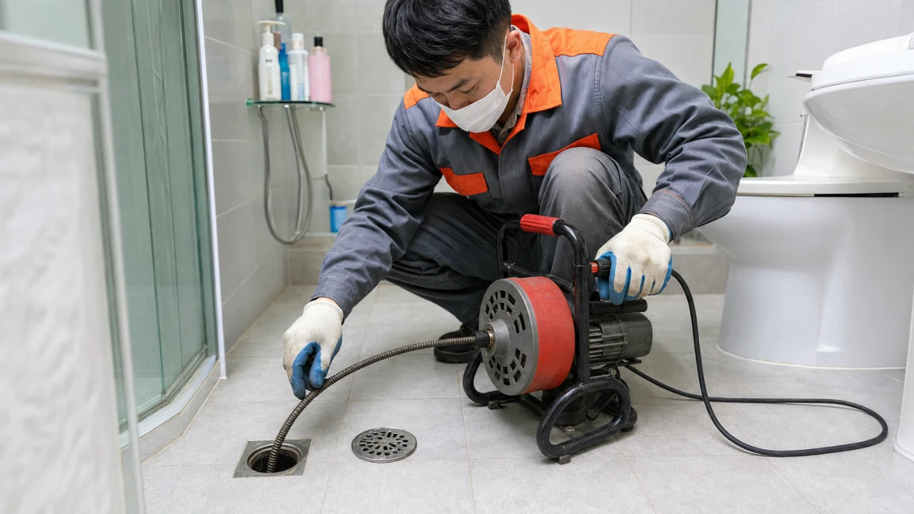 Kỹ thuật viên sử dụng thiết bị chuyên dụng để xử lý điểm nghẹt trong đường ống thoát sàn. Kỹ thuật viên sử dụng thiết bị chuyên dụng để xử lý điểm nghẹt trong đường ống thoát sàn.