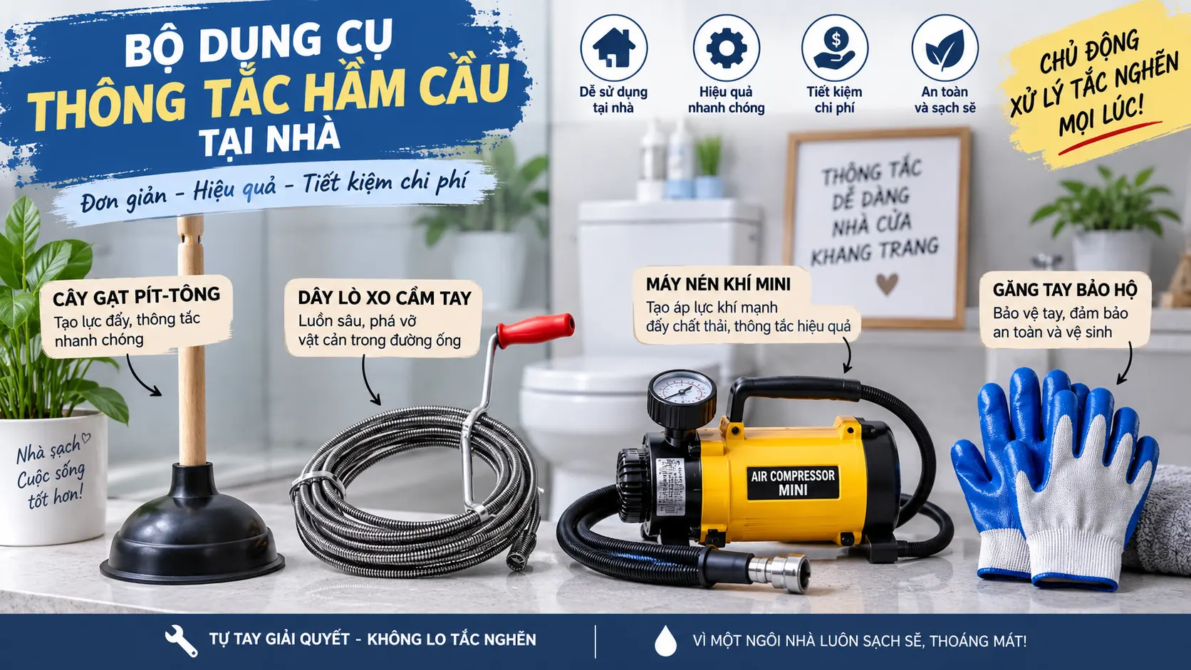 Tổng hợp các dụng cụ thông tắc hầm cầu tại nhà (cây gạt pít-tông, dây lò xo cầm tay, máy nén khí mini, găng tay bảo hộ). Tổng hợp các dụng cụ thông tắc hầm cầu tại nhà (cây gạt pít-tông, dây lò xo cầm tay, máy nén khí mini, găng tay bảo hộ).