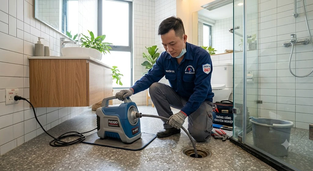 Đội ngũ kỹ thuật viên Hút hầm cầu Vạn Phát đang xử lý thông cống nghẹt bằng máy lò xo hiện đại Đội ngũ kỹ thuật viên Hút hầm cầu Vạn Phát đang xử lý thông cống nghẹt bằng máy lò xo hiện đại