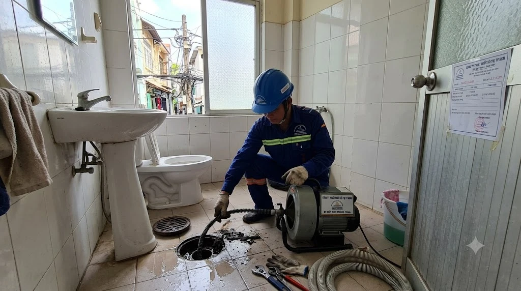 kỹ thuật viên đang vận hành máy lò xo chuyên dụng đánh tan mảng bám mỡ trong ống thoát nước kỹ thuật viên đang vận hành máy lò xo chuyên dụng đánh tan mảng bám mỡ trong ống thoát nước