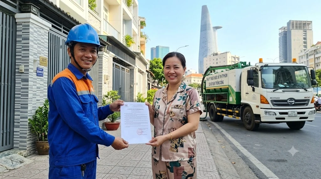 Kỹ thuật viên bàn giao phiếu bảo hành và hướng dẫn khách hàng cách giữ đường ống không bị tắc Kỹ thuật viên bàn giao phiếu bảo hành và hướng dẫn khách hàng cách giữ đường ống không bị tắc